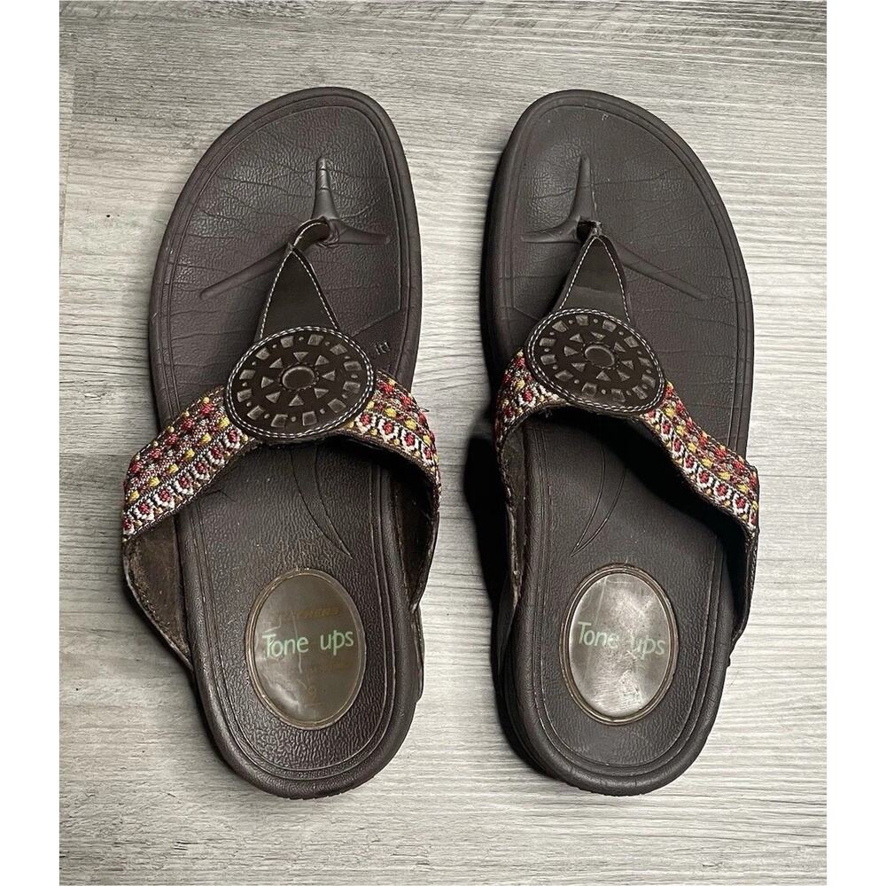 Skechers Tone Ups Women’s Brown Thong Wedge Sandals MultiColored Strap US 9.5